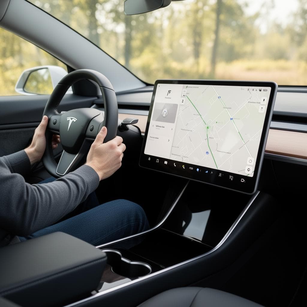Tesla-interieur met groot touchscreen, waarop FSD Supervised wordt bediend
